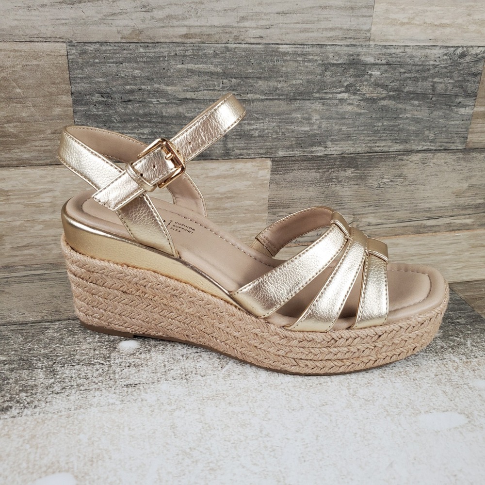 LifeStride Havana Womens Espadrille Wedge Sandals Sz 9 Platino Gold Faux Leather